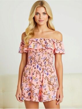 Pink floral off shoulder romper